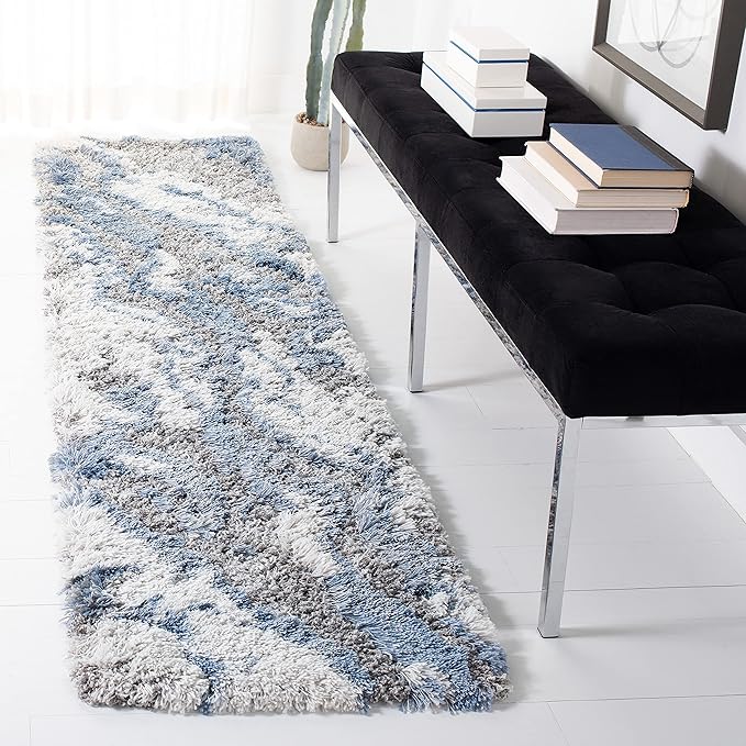 SAFAVIEH Horizon Shag Collection Runner Rug - 2' x 17', Grey & Blue, Modern Abstract Design, Non-Shedding & Easy Care, 2-inch Thick Ideal for High Traffic Areas in Living Room, Bedroom (HZN890G)