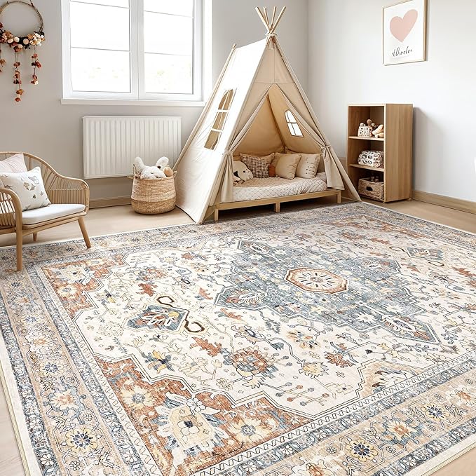 6x9 Area Rugs Living Room: Washable Boho Large Neutral Vintage Soft Rug Stain Resistant Distressed Farmhouse Non-Slip Indoor Floor Carpet for Bedroom Nursery Kids Office Dining Room- Beige Blue