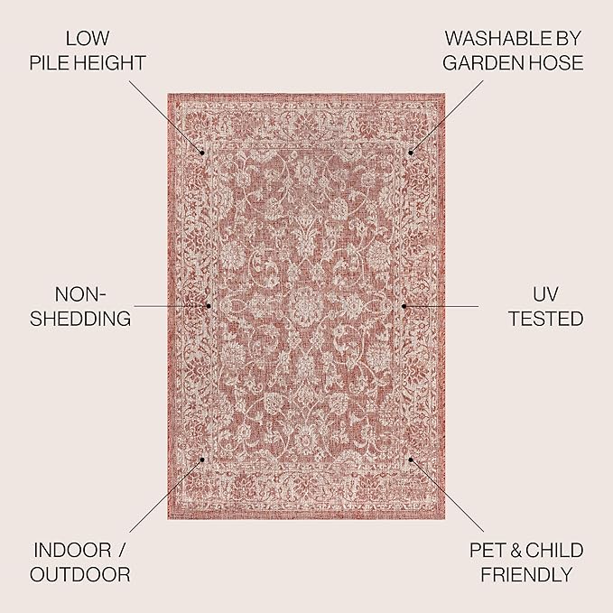 JONATHAN Y Weave Floral Indoor Outdoor Round Area Rug 3 Ft Red/Taupe, Tela Bohemian Textured for Backyard, Patio, Porch, Easy-Cleaning, High Traffic, Pet-Friendly, Non-Shedding (SMB100A-3R)
