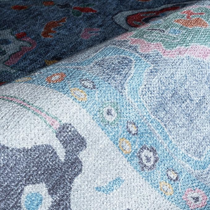 Fame Rugs Blue Modern Oushak Rug 2x3, Vintage Doormat Turkish Colorful Oriental Antique Inspired Washable Small Area Rug, Luxury Living Room Bedroom (381LB, 2' x 3')