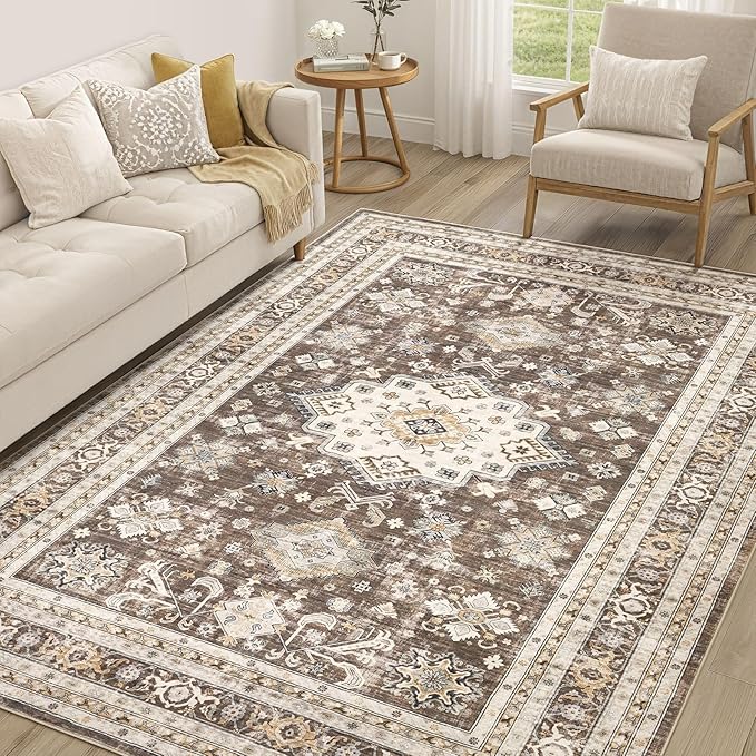 Vintage Living Room Area Rug 7x9 - Large Soft Washable Oriental Traditional Distressed Farmhouse Rugs for Bedroom - Indoor Floor Accent Carpet for Home Office House Decor - Dark Brown