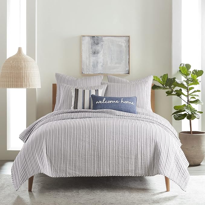 Levtex Home Tobago Stripe Charcoal Reversible King/Cal King Quilt Set (106x92in) and 2 Pillow Shams (36x20in) - Striped - Charcoal - Cotton King Size Quilt Bedding Set - Lightweight Soft Pre-Washed