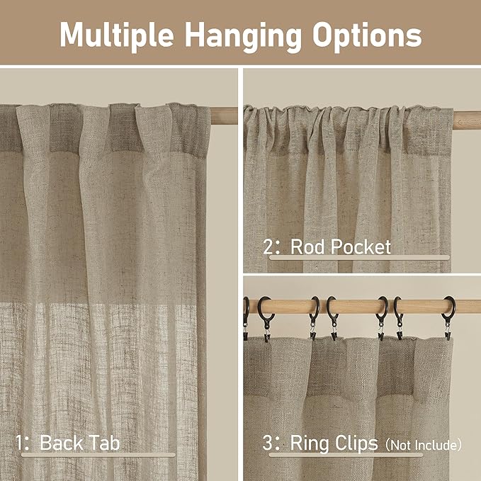 LAMIT Linen Curtains for Living Room 84 inch Length 2 Panels, Light Filtering Semi Sheer Curtains Back Tab and Rod Pocket Farmhouse Drapes for Bedroom/Sliding Glass Door, Taupe, 52 x 84 Inch