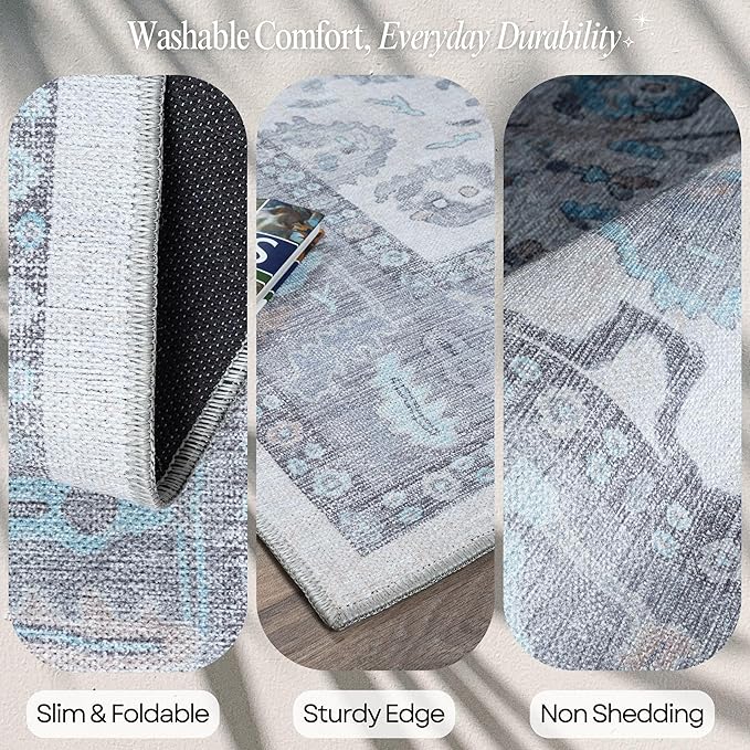 Fame Rugs Gray Modern Oushak Rug 2'6"x10, Vintage Turkish Colorful Oriental Antique Inspired Foldable Long Washable Runner Rugs, Luxury Living Room Bedroom (384GB, 2'6" x 10')
