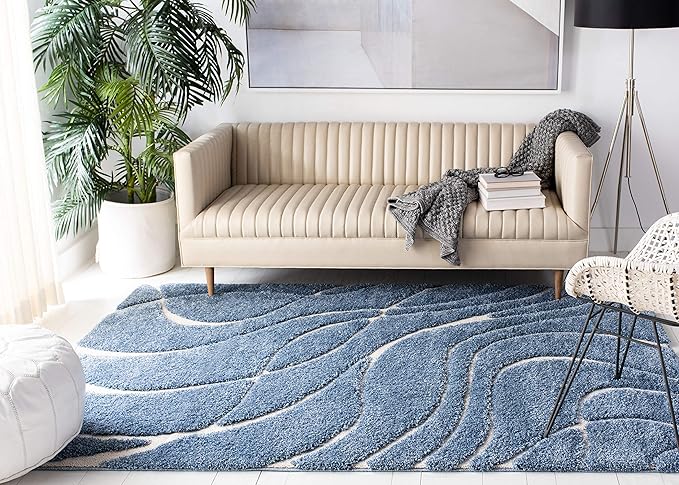 SAFAVIEH Florida Shag Collection Area Rug - 5' Square, Light Blue & Cream, Non-Shedding & Easy Care, 1.2-inch Thick Ideal for High Traffic Areas in Living Room, Bedroom (SG471-6011)