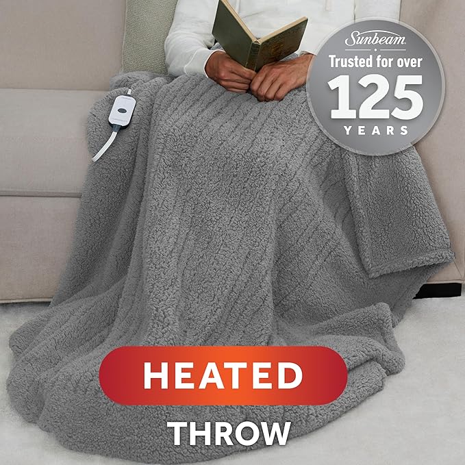 Sunbeam Royal Sherpa Foot Pocket Heated Throw Electric Blanket, 50" x 60", 4 Heat Settings, 4-Hour Auto Shut-Off, Warming Throw for Couch or Bed, Fast Heating, Machine Washable, Grey