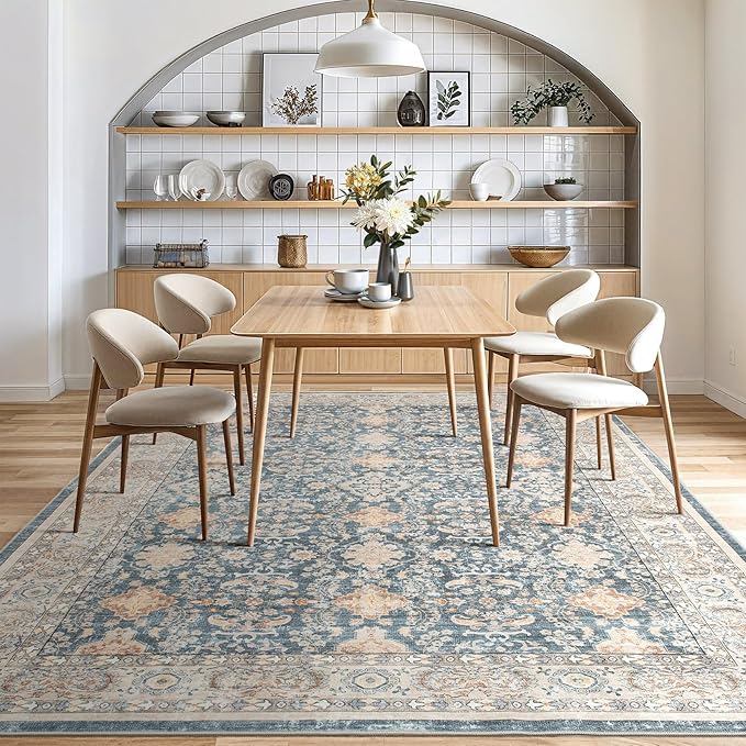 Vintage Living Room Area Rug 6x9 - Large Soft Washable Oriental Traditional Distressed Farmhouse Rugs for Bedroom - Indoor Floor Accent Carpet for Home Office House Decor - Dark Blue