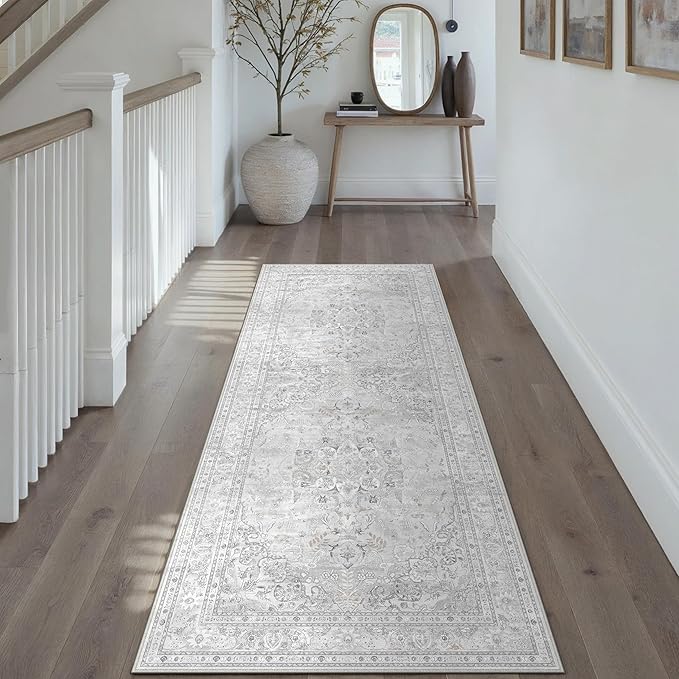 Grey 2x6 Runner Rug Washable Vintage Long Carpet for Hallway Kitchen Soft Retro Floral Low Pile Indoor Runner Non Slip Central Medallion Throw Rug for Bathroom Bedroom Laundry Dining Room