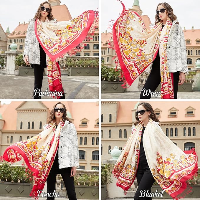 DANA XU 100% Merino Wool Pashmina Shawl for Women 96"x43", Oversized Cashmere Wrap with Tassels, Floral Travel Blanket Cape