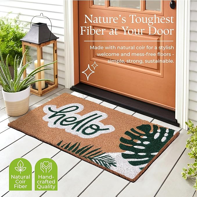 Coir Door Mats 17" X 30", Non-Slip Sturdy, PVC Backed Heavy Duty, Easy to Clean, Ideal for Door Entrance, Patio, Porch, Backyard, Garages, Hello - Green Leaves