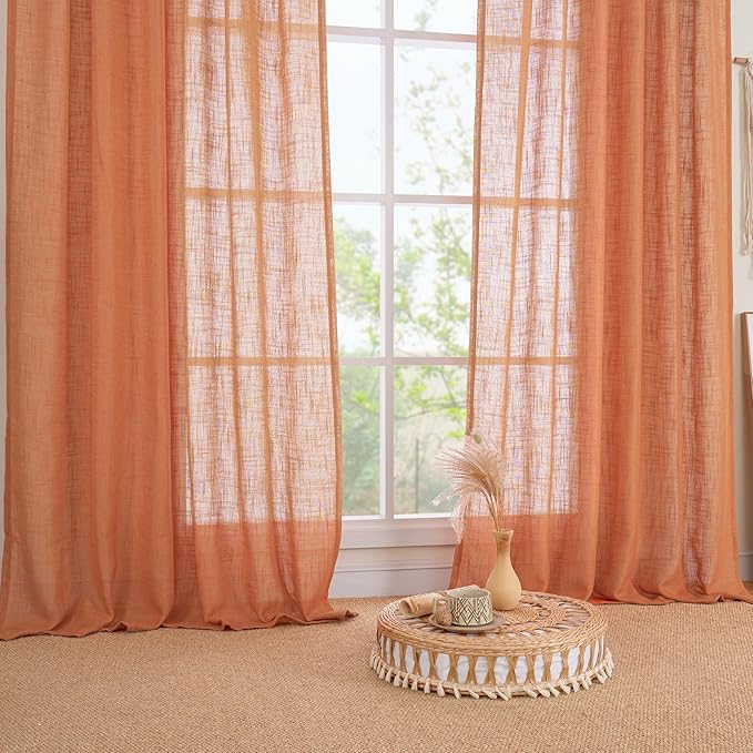 LAMIT Burnt Orange Sheer Linen Curtains, 84 inch Light Filtering Semi Sheer Panels Back Tab and Rod Pocket Farmhouse Rust Drapes for Bedroom/Living Room, 2 Panels, 52 x 84 Inch