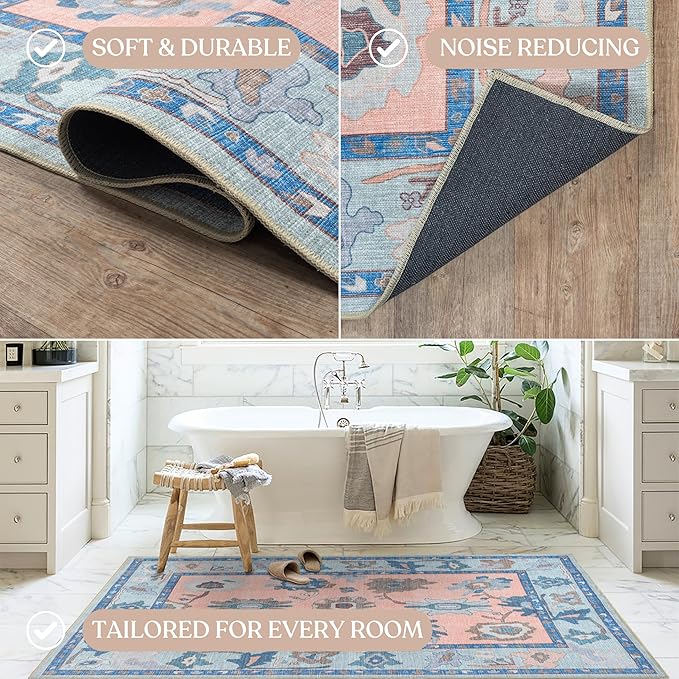 Fame Living Modern Oushak Rug, Small Rugs, Vintage, Turkish, Eclectic, Floral, Pastel, Washable, Door mat, Doormat for Indoor Entrance, Entryway, Kitchen, Bathroom, Bedroom, Laundry, 2'x3'