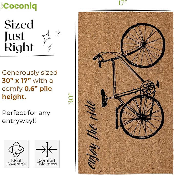 Coir Door Mats 17" X 30", Non-Slip Sturdy, PVC Backed Heavy Duty, Easy to Clean, Ideal for Door Entrance, Patio, Porch, Backyard, Garages, Enjoy The Ride Vintage Bicycle