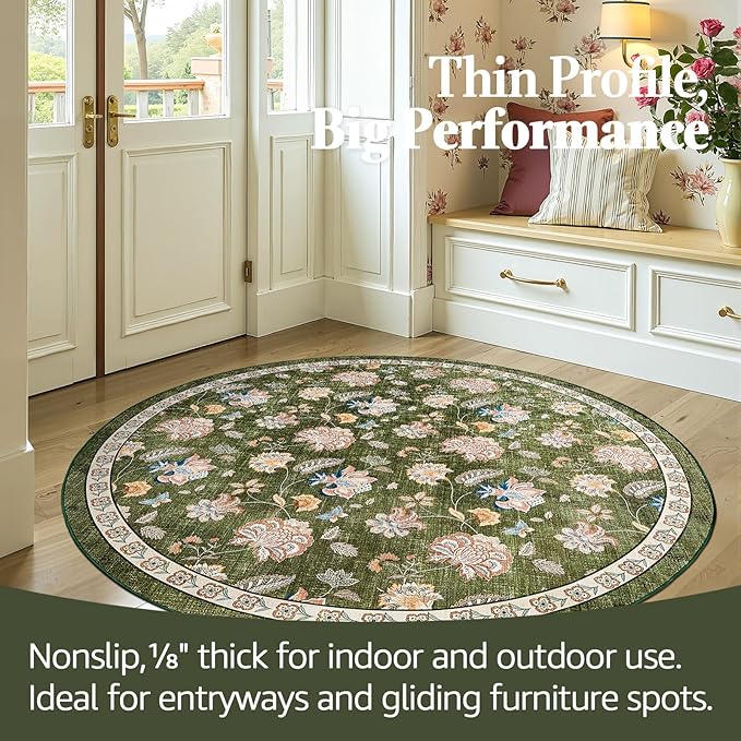 jinchan Elora 5ft Floral Round Rug for Entryway Washable Rug Vintage Romance Christmas Design Non Slip Indoor Doormat Lightweight Low-Profile Throw Carpet for Living Room Dining Room Bedroom, Green