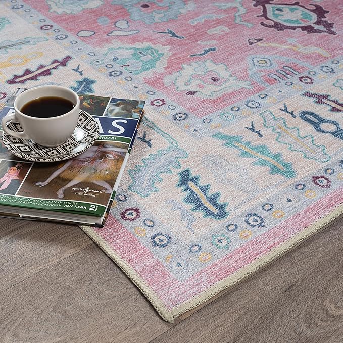 Fame Rugs Pink Modern Oushak Rug 9x12, Vintage Turkish Colorful Oriental Washable Antique Inspired Oversize Area Rugs, Luxury Living Room Bedroom (385PB, 9' x 12)