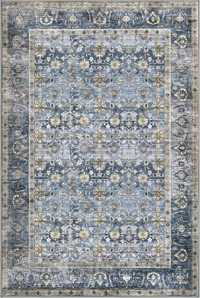 KUTA Vintage Floral 6x9 Area Rugs, Blue Grey Beige Washable Rugs for Living Room Non Slip, Ultra Thin Soft Print Distressed Flower Low-Pile Traditional Carpet for Bedroom Dining Room Dorm Office
