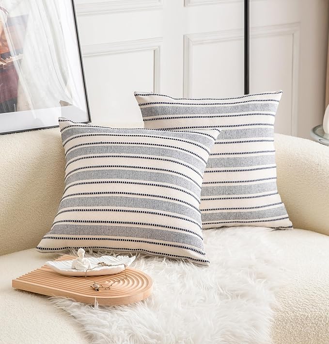 Decorative Boho Throw Pillow Covers, Farmhouse Textured Pillow Case, 20 x 20 Inch Set of 2, Chair Sofa Bedroom Living Room Decor Couch Cushion Case, Navy Blue and Beige Striped