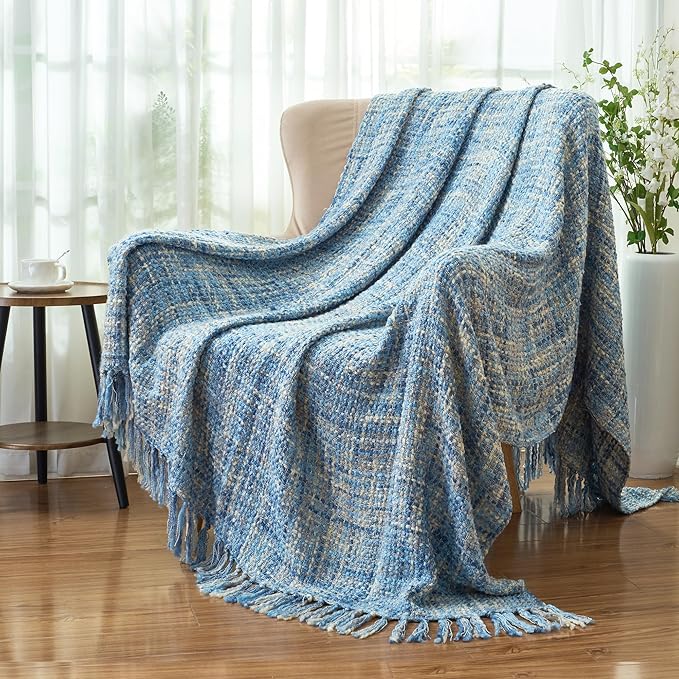 Multi-Color Light Blue Cable Knitted Throw Blanket for Couch,50"X60" Boho Style Textured Blankets for Home Decor,Super Soft Warm Cozy Chunky Knit Blanket with Decorative Tassels for Bed