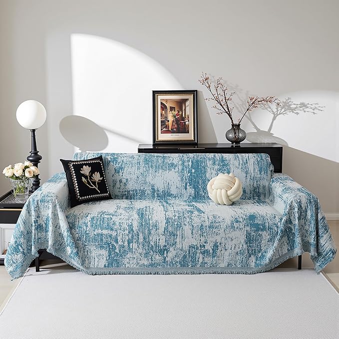 MEETSKY Boho Couch Cover for 2 Cushion Couch Sofa, Chenille Sofa Cover for Sectional Sofa, Modern Khaki Abstract Jacquard Sofa Covers Washable Sofa Slipcover for Pets Friendly, 91" X118",Blue