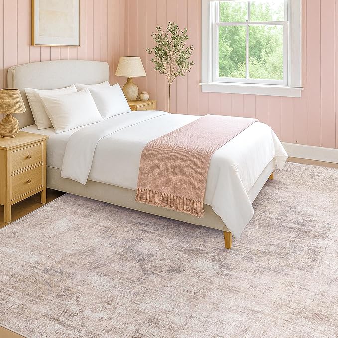 Modern Rugs for Living Room 10x14 - Contemporary Dusty Pink Extra Large Area Rug for Dining Room Table, Foldable Thin Lightweight Non Slip Abstract Distressed Medallion Print Pattern