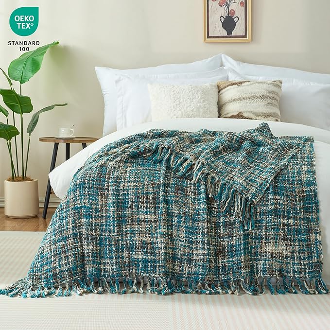 Multi-Color Teal Cable Knitted Throw Blanket for Couch,60"X80" Boho Style Textured Blankets for Home Decor,Super Soft Warm Cozy Chunky Knit Blanket with Decorative Tassels for Bed and Sofa