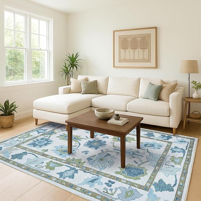 Fame Living Green Oushak Runner Rug, Modern Runners, Vintage, Turkish, Eclectic, Floral, Pastel, Washable, Long Runner Rugs for Hallway, Kitchen, Living Room, Bedroom, Kitchen, Bathroom, 2'5"x13'