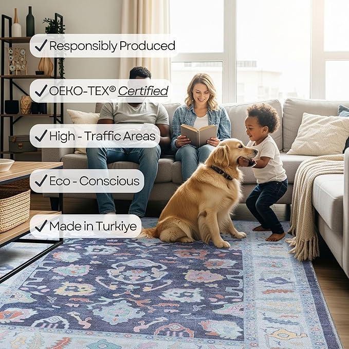 Fame Rugs Navy Blue Modern Oushak Rug 2'6"x7', Washable Vintage Turkish Colorful Oriental Antique Inspired Foldable Small Runner Rugs, Luxury Living Room Bedroom (388NB, 2'6" x 7')
