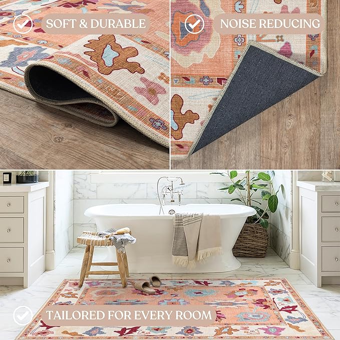Fame Living Orange Oushak Rug, Modern Rugs, Vintage, Turkish, Eclectic, Floral, Pastel, Washable, Small Throw, Accent Area Rug for Living Room, Bedroom, Kitchen, Bathroom, 2'5"x4'9"