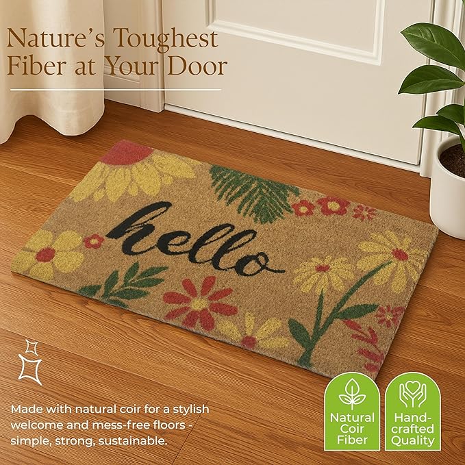Coir Door Mats 17" X 30", Non-Slip Sturdy, PVC Backed Heavy Duty, Easy to Clean, Ideal for Door Entrance, Patio, Porch, Backyard, Garages, Vibrance of Flora - Hello