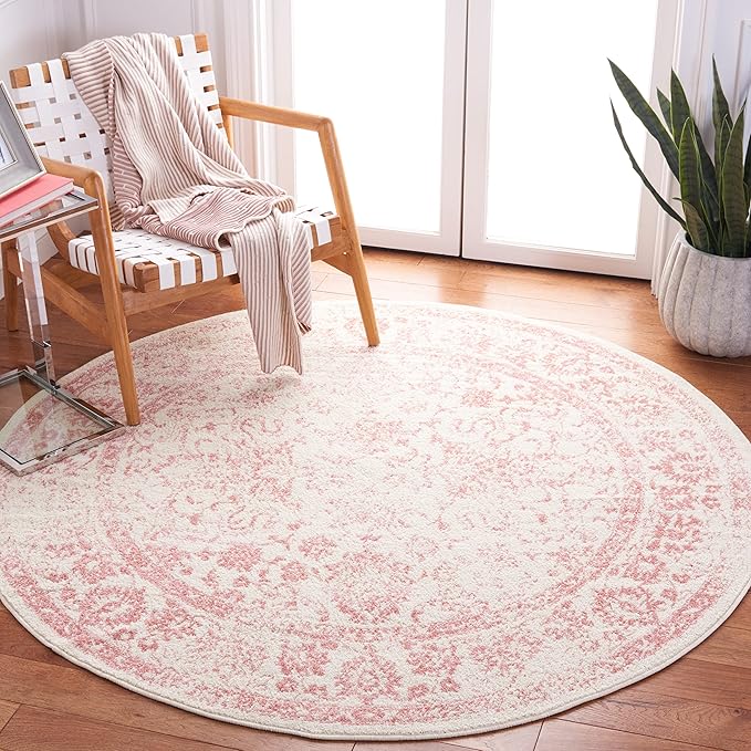 SAFAVIEH Adirondack Collection Area Rug - 7' Round, Ivory & Rose, Distressed Vintage Floral Design, Non-Shedding & Easy to Clean, Ideal for Living Room, Bedroom, Dining Space (ADR109H)