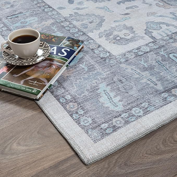 Fame Rugs Gray Modern Oushak Rug 5x7, Washable Vintage Turkish Colorful Oriental Antique Inspired Area Rugs, Luxury Living Room Bedroom (384GB, 5' x 7')