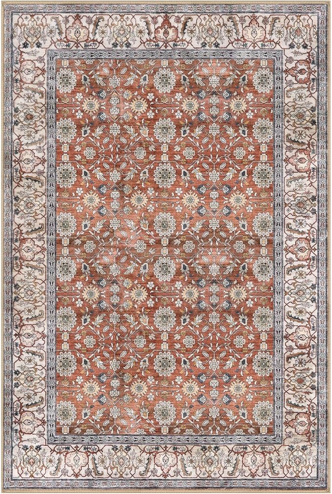 KUTA Vintage 8x10 Area Rugs for Living Room, Terracotta Washable Large Rug for Bedroom 8ft x 10ft Non-Slip, Ultra Thin Soft Printed Traditional Floral Distressed Dining Room Low-Pile Carpet