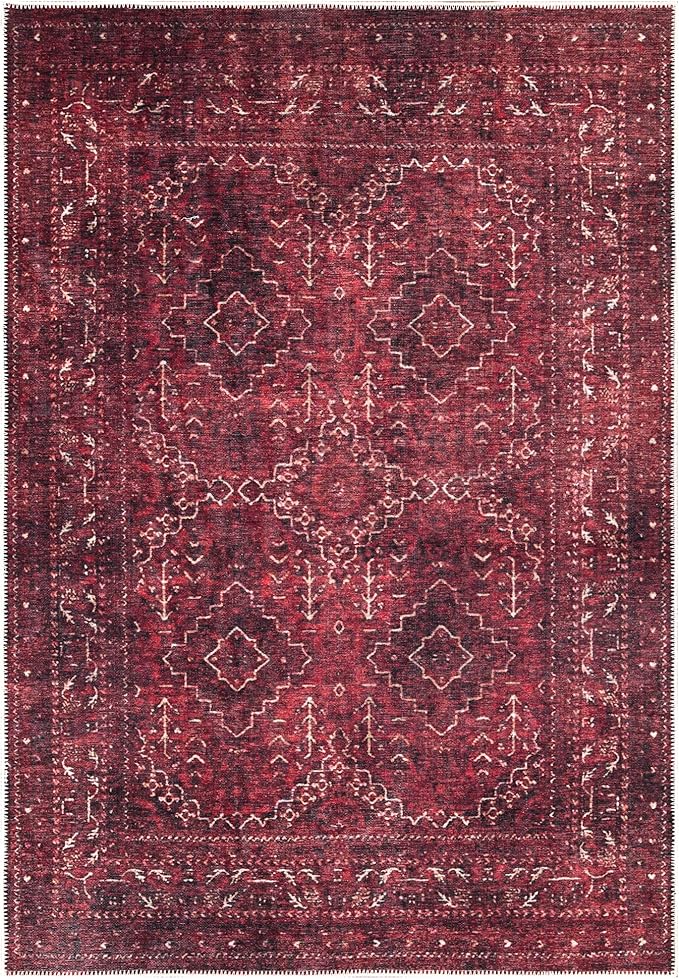 Bloom Rugs Washable Non-Slip 10x14 Rug - Dark Red Traditional Bordered Area Rug for Living Room, Bedroom, Dining Room, and Kitchen - Exact Size: 10' x 14'