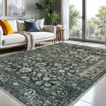 KUTA Vintage 8x10 Area Rugs for Living Room, Washable Large Rug for Bedroom 8ft x 10ft Non-Slip, Dark Green Ultra Thin Soft Printed Traditional Floral Medallion Distressed Dining Room Low-Pile Carpet