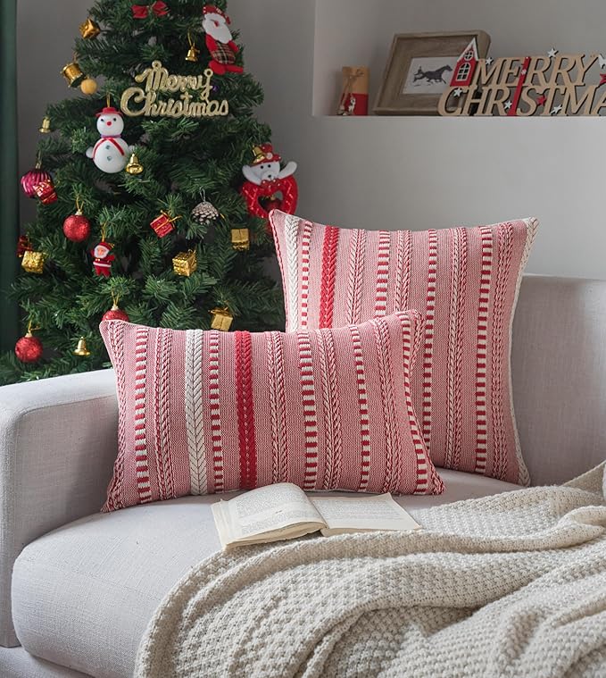 Christmas Pillow Covers 12x20 Inch Set of 2, Farmhouse Boho Christmas Decorative Couch Pillow Cases, Red Accent Pillows of Bed, Sofa Bedroom Living Room Home Decor Cushion Cover