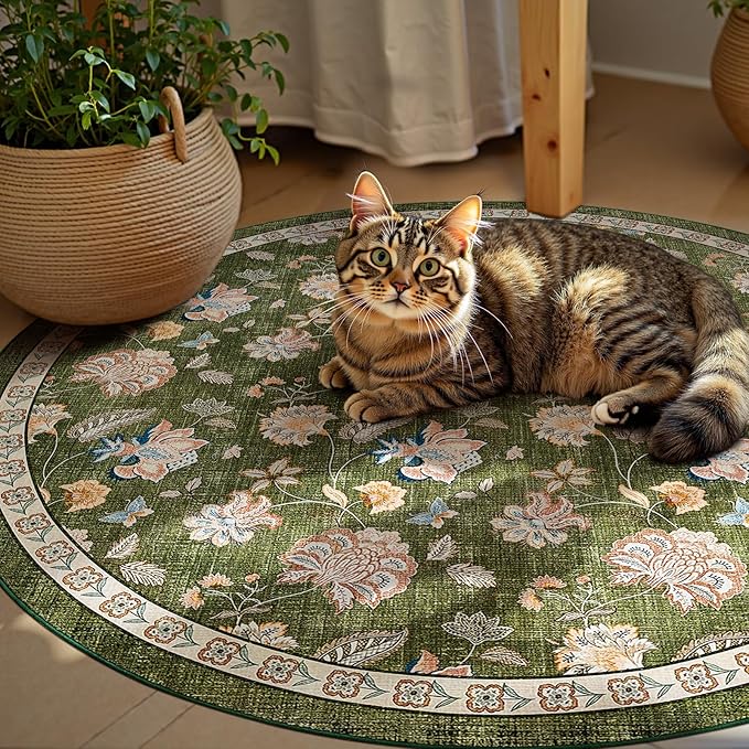 jinchan Elora 6ft Floral Round Rug for Washable Living Room Rug Vintage Romance Christmas Design Non Slip Indoor Floor Cover Lightweight Low-Profile Throw Carpet for Bedroom Porch Patio, Green