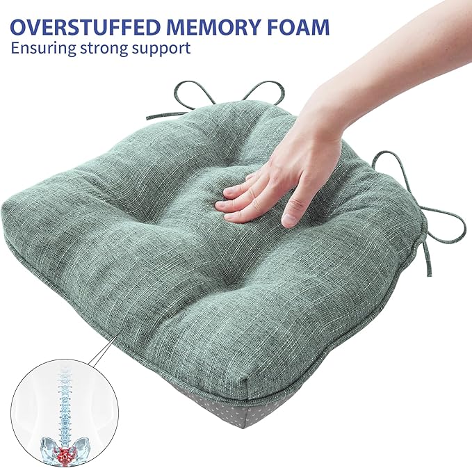 Chair Cushions for Dining Chairs Set of 4, Kitchen Chair Cushions, Chair Pads with Ties Non Slip Backing, Christmas Room Decor, Tufted Memory Foam Seat Cushion 4 Pack, 15.5x15.5x4, Sage Green