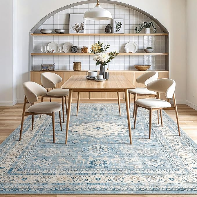 Vintage Living Room Area Rug 6x9 - Large Soft Washable Oriental Traditional Distressed Farmhouse Rugs for Bedroom - Indoor Floor Accent Carpet for Home Office House Decor - Blue