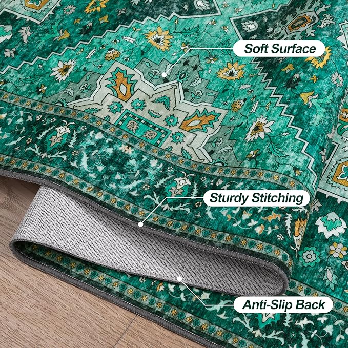 Tangsoo 2x10 Washable Runner Rug for Hallways, Non Slip Vintage, Soft Low Pile Long Rugs Runner, Print Distressed Emerald Carpet Runners for Kitchen Bedroom Entryway Bathroom Living Room