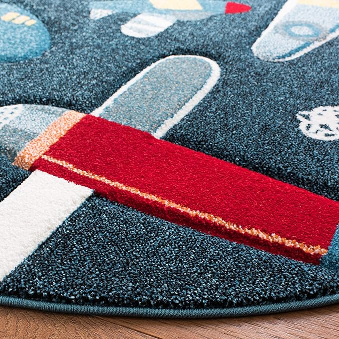 SAFAVIEH Carousel Kids Collection Area Rug - 4' Round, Navy & Ivory, Non-Shedding & Easy Care, Ideal for High Traffic Areas for Boys & Girls in Playroom, Nursery, Bedroom (CRK167N)