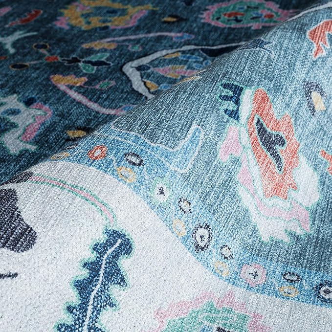 Fame Rugs Teal Modern Oushak Rug 2'6"x10, Vintage Turkish Colorful Oriental Antique Inspired Foldable Long Washable Runner Rugs, Luxury Living Room Bedroom (995T, 2'6" x 10')