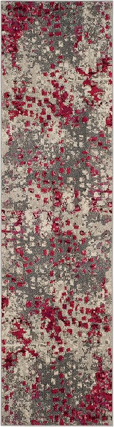 SAFAVIEH Monaco Collection Runner Rug - 2'2" x 12', Grey & Fuchsia, Boho Chic Abstract Watercolor Design, Non-Shedding & Easy Care, Ideal for High Traffic Areas in Living Room, Bedroom (MNC225R)