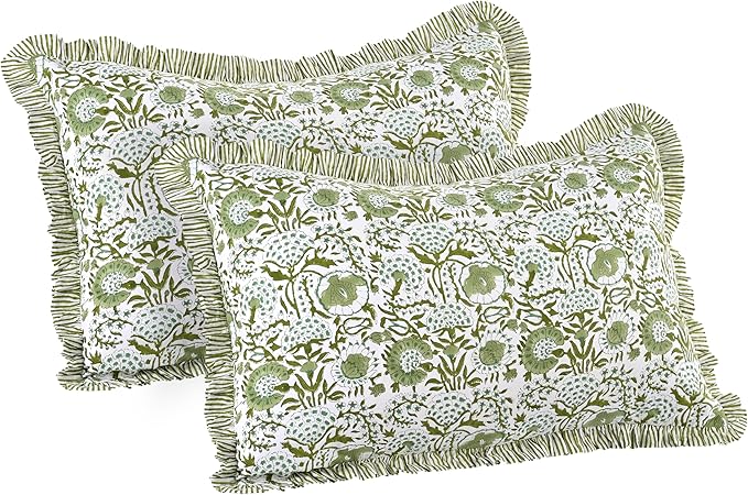 CPC Agate Green 100% Cotton Block Print Ruffle Sham Cover 20X30 inch Pack of 2, Handmade Boho Floral Pillowcase, Soft Decorative Queen Bed Pillow Cover for Bedroom Décor