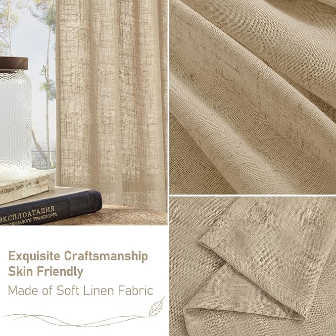 LAMIT Linen Curtains 63 Inch for Bedroom, Light Filtering Neutral Semi Sheer Window Curtains Back Tab and Rod Pocket Panels, 2 Panels, Brown, 60 x 63 Inch