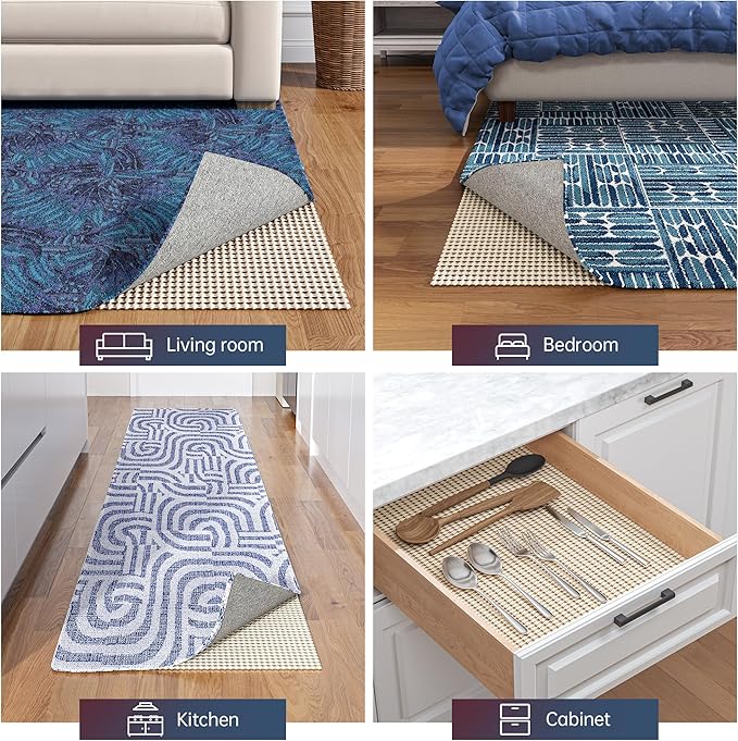 Non-Slip Rug Pad Gripper 2x3 Feet, Anti Skid Mat for Under Area Rugs, Keeps Rugs in Position and Safe, Thick Cushioned Carpet Pad for Hardwood Floors Protection