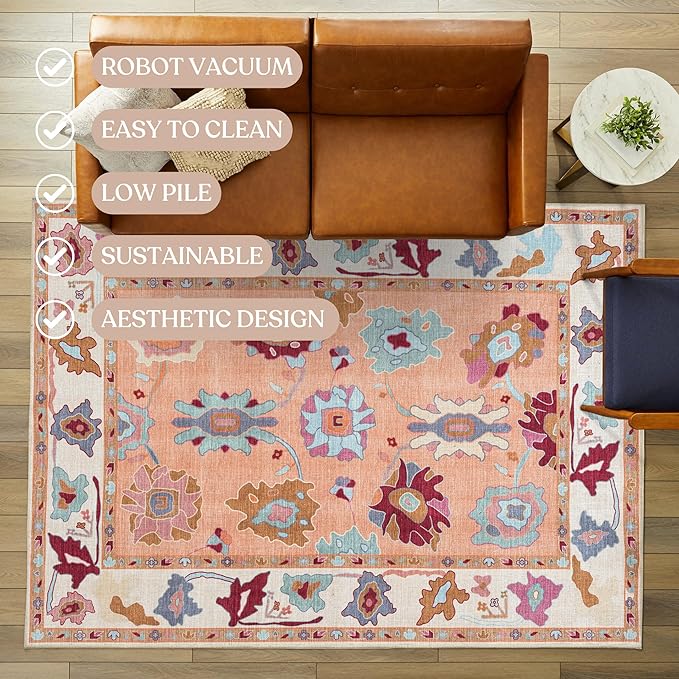Fame Living Orange Oushak Runner Rug, Modern Runners, Vintage, Turkish, Eclectic, Floral, Pastel, Washable, Runner for Hallway, Kitchen, Bedroom, Bathroom, 2'5"x9'8"