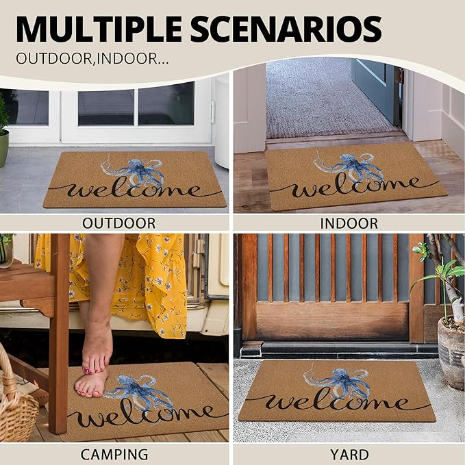 Coastal Octopus Door Mat, Beach Doormat, Coastal Ocean Beach Welcome Front Door Mat Indoor Outdoor Entrance, Ocean Artificial Coir Doormats Rugs for Porch Patio Entryway Home Decor 30x17in