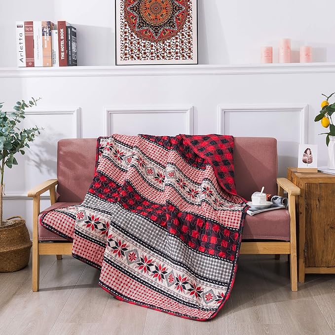 Soul & Lane Season of Joy 50" x 60" Throw Blanket: Farmhouse Décor Christmas Plaid Quilt, Lightweight Quilted Lap Comforter for Sofa and Bed, Red Buffalo Checkered Blanket, Cabin Décor Coverlet