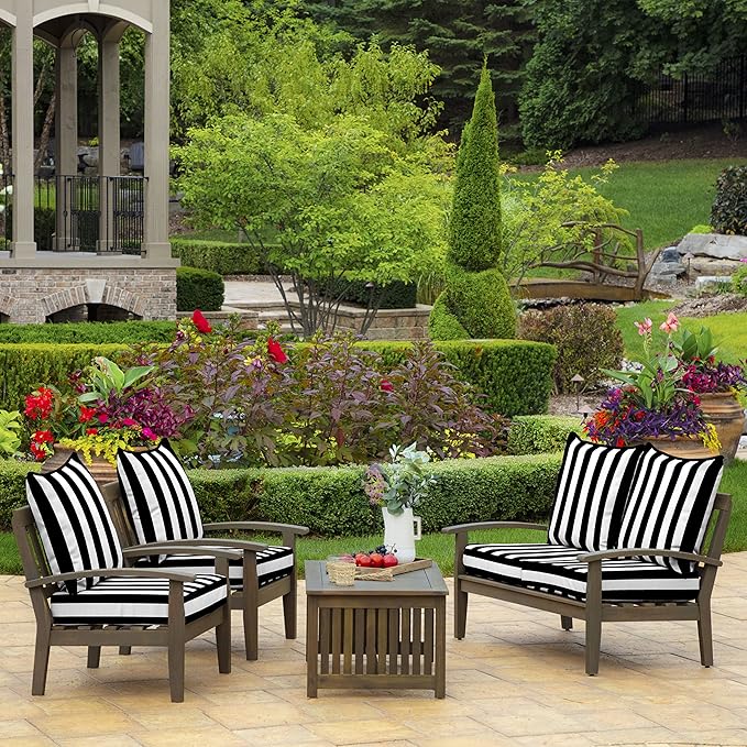 Arden Outdoor Foam Deep Seat Cushion Set, 24 in x 24 in, Weather-Proof, Rain-Proof, Fade Resistant Patio Cushion, Bottom and Back Cushion for Chair, Sofa, and Couch Black Cabana Stripe