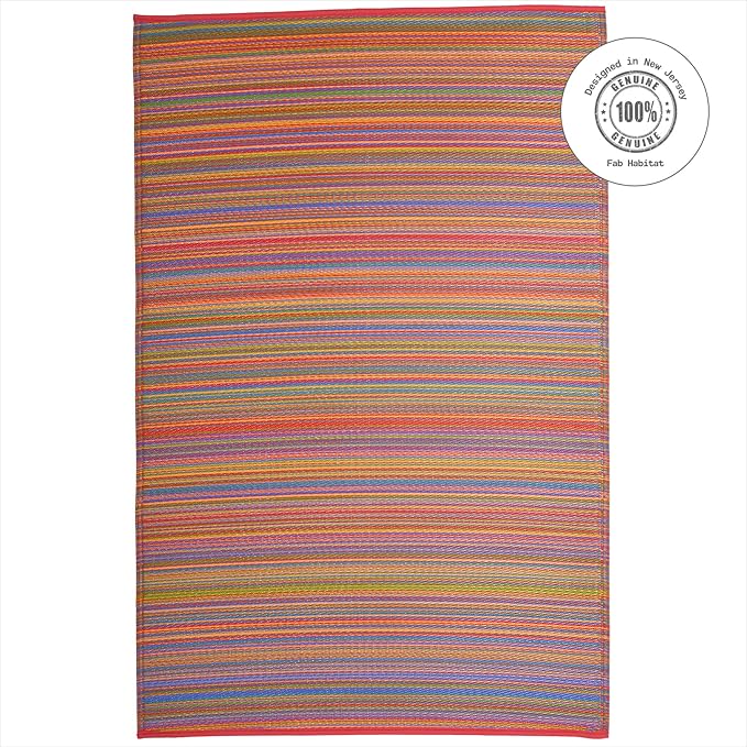 Fab Habitat Striped Outdoor Rug - Waterproof, Fade Resistant, Crease-Free, Reversible - Premium Recycled Plastic - Patio Porch Balcony Deck - Cancun Multicolor - 8x10 ft